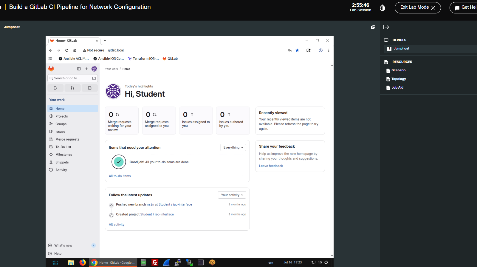 GitLab lab environment opened from the Cisco U jump host