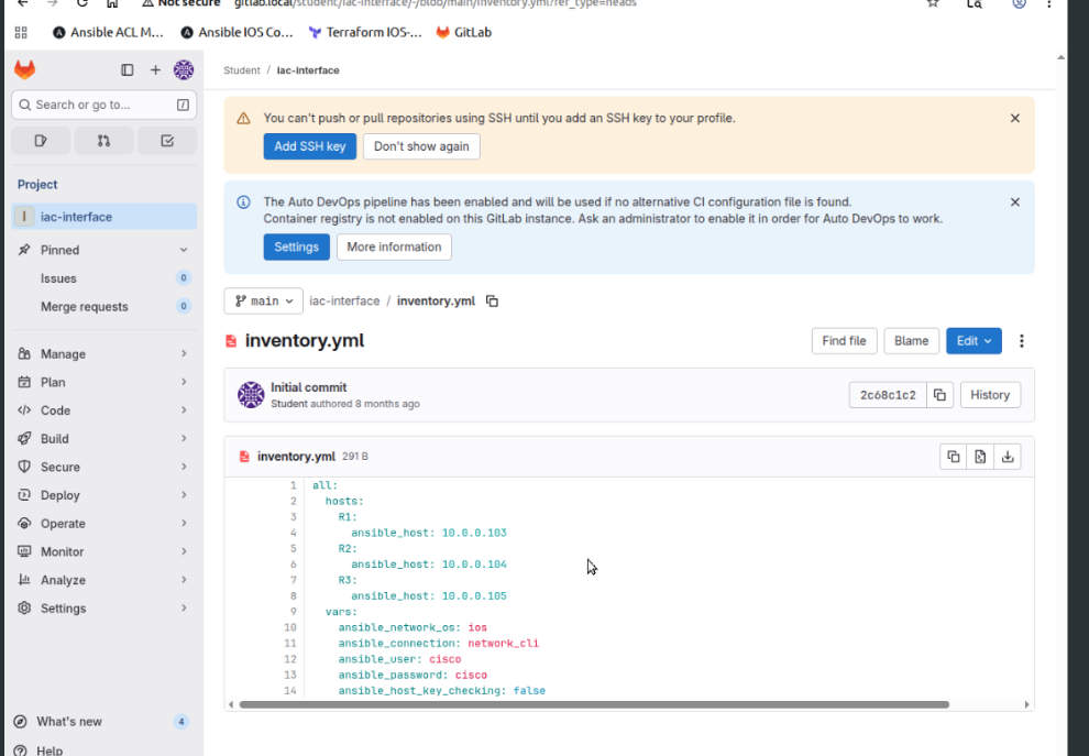 GitLab inventory.yml with Cisco IOS hosts and Ansible connection variables