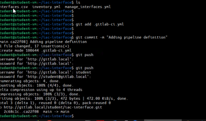 Terminal showing git add, commit, and push for the GitLab CI pipeline definition