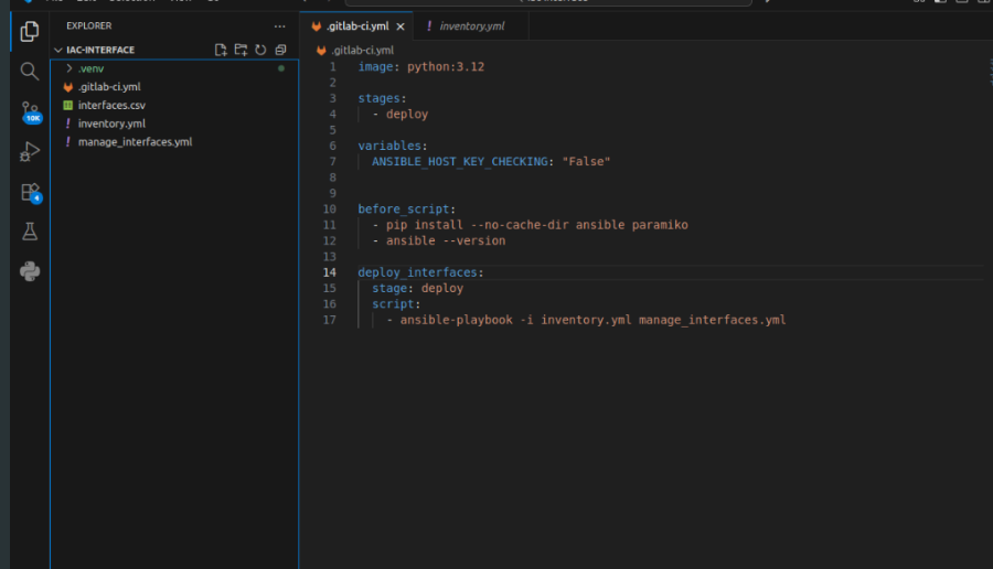 .gitlab-ci.yml file defining a Python image, deploy stage, Ansible install, and ansible-playbook command