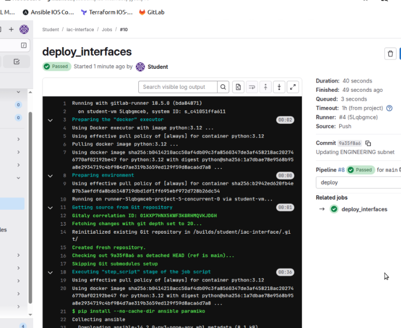 GitLab job log showing deploy_interfaces passed after running Ansible in a Python container