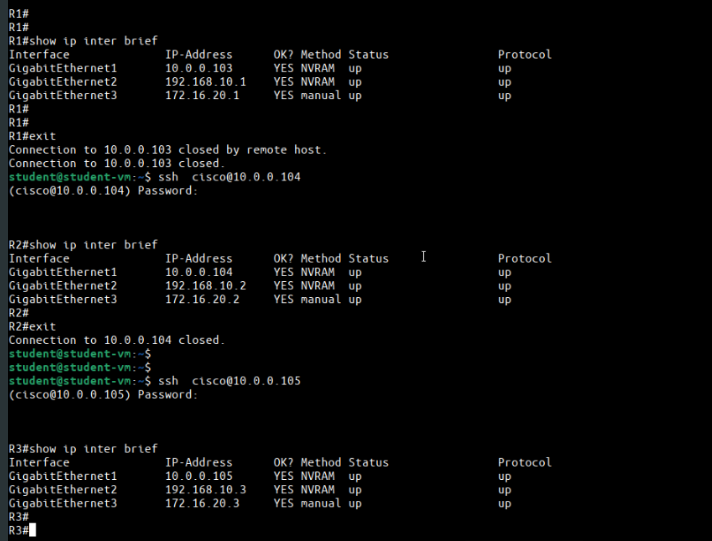 CLI validation showing show ip interface brief output for R1, R2, and R3 after the pipeline