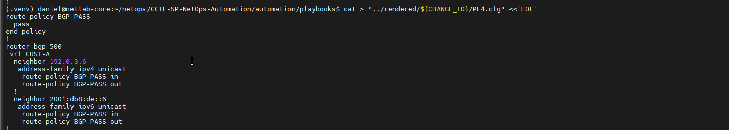 Rendered PE4 configuration for the change request