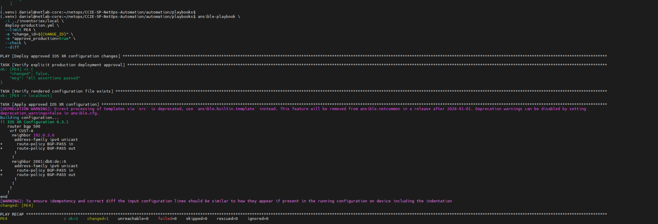 Ansible dry run and configuration diff