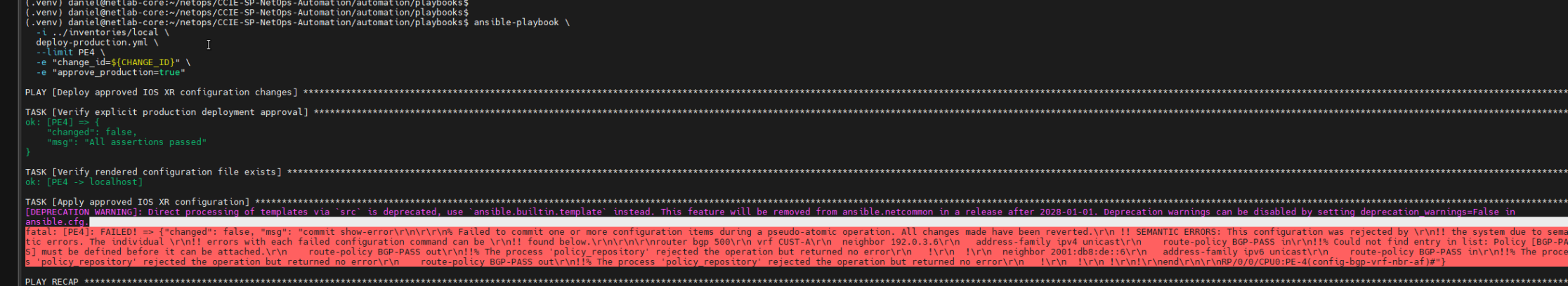 Route policy semantic validation error