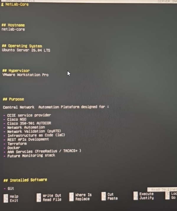SERVER_INFO.md opened in nano with NetLab-Core documentation