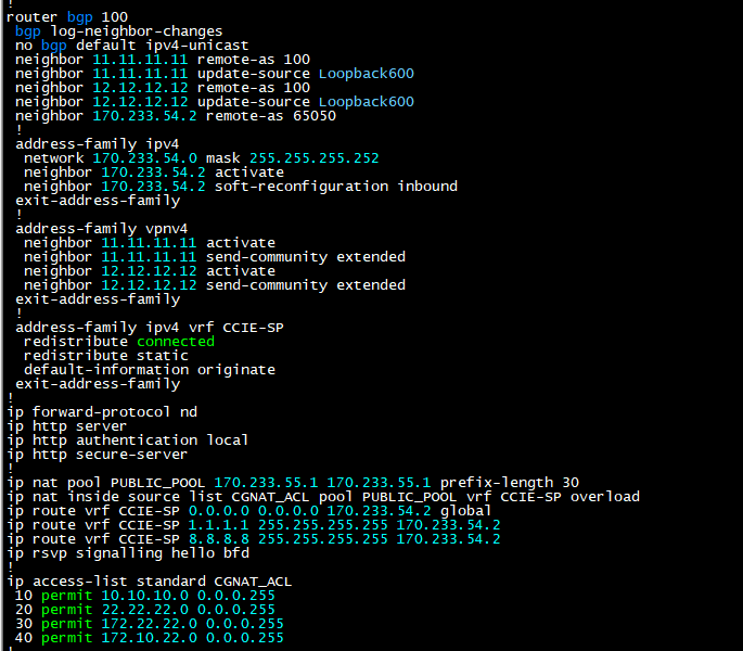 Final PE-3 NAT configuration with VRF-aware NAT, public pool, route resolution, and CGNAT ACL