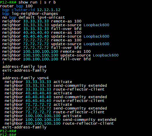 P12 RR Main BGP route reflector configuration with BFD fall-over and VPNv4 route reflector clients